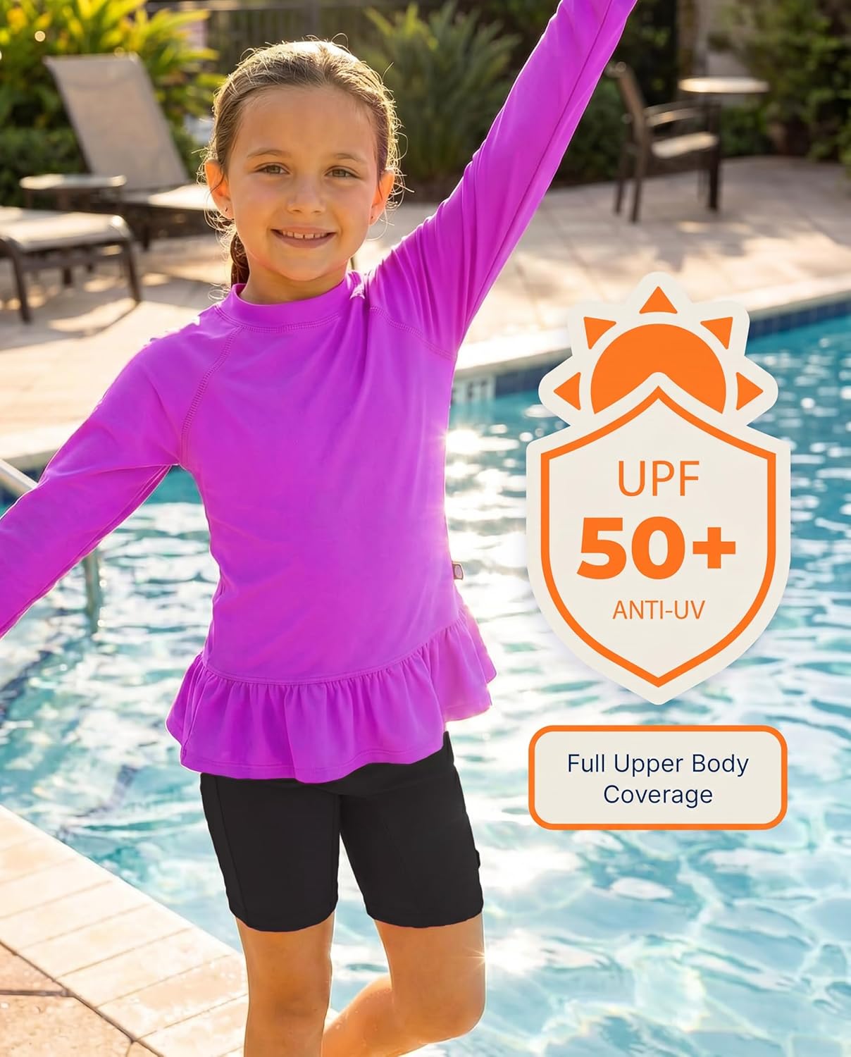 Made in USA Girls' Solid Rashguard Swimming Tee for The Beach or Pool Peplum Sun Protection SPF50+ Swim Tee for The Beach