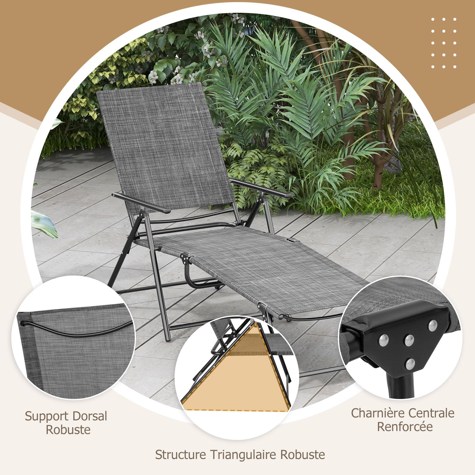 GIANTEX Lot de 2 Transats Jardin Extérieur, Chaises Longues Pliables avec Dossier et Repose-Pieds Réglables, Transats Pliables, Charge 150 KG, Bain de Soleil pour Jardin, Piscine, Patio (Gris)