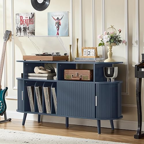 Miniatura 5 de LELELINKY Soporte redondo grande para tocadiscos con estación de carga y panel estriado, gabinete giratorio moderno de mediados de siglo azul con