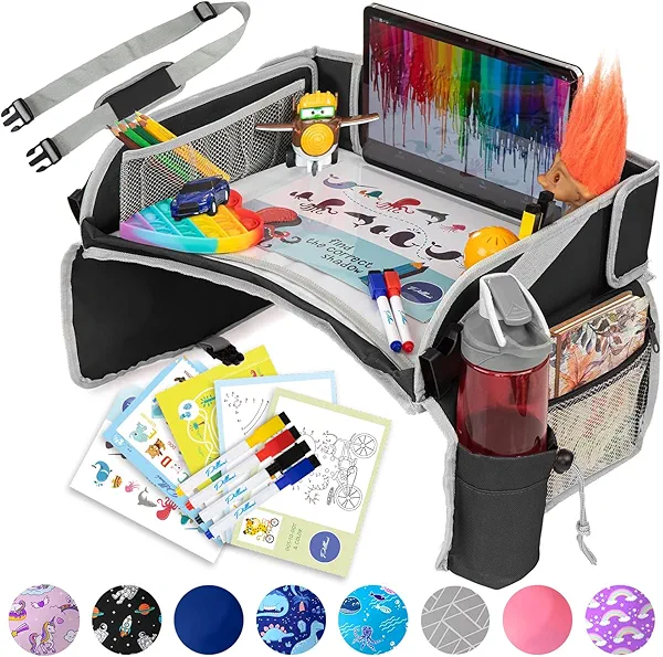 PILLANI Kids Travel Tray for Car - Car Seat Tray for Kids Travel, Car Trays for Kids Roadtrip Essentials, Carseat Table Tray for Kids Road Trip Activities - Toddler Lap Desk Organizer for Airplane