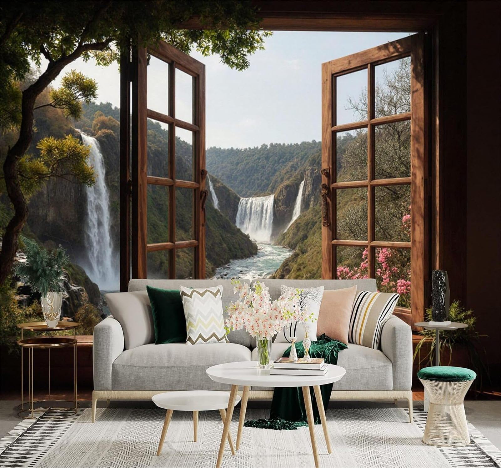 XLMING Bird’S Eye View of A Waterfall River and Mountain Scenery; Open Window 3D Wallpaper Premium Textured Silk Study Dining Living Room Bedroom Sofa TV Wall Easy Install-400cm×280cm