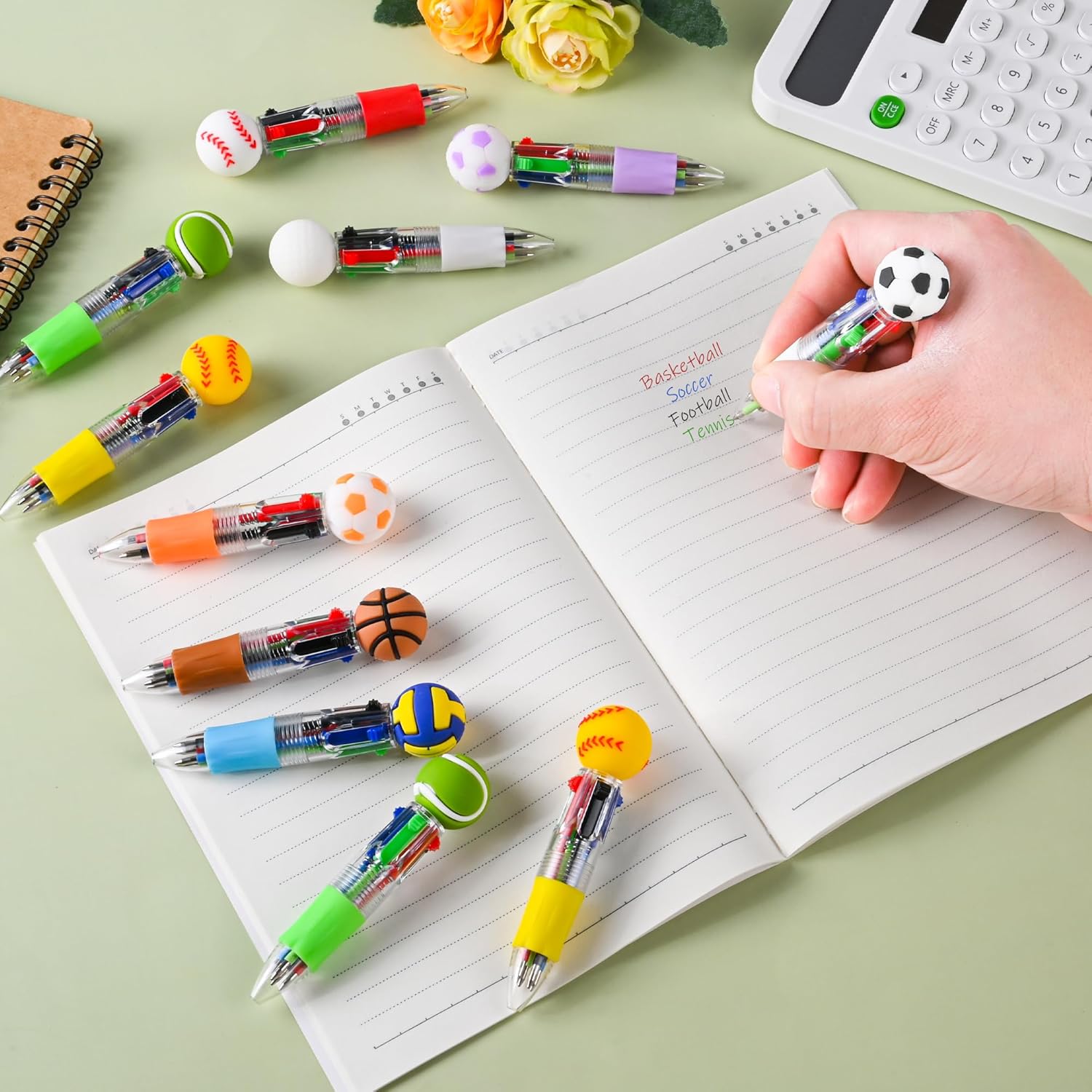 LiYiQ 100 Pcs Sports Multicolor Pen in One Cartoon Cute Fun 4-in-1 Cute Pens Bulk Kawaii Soccer Football Basketball Baseball Shape Cool Ballpoint Pens Fun Gifts