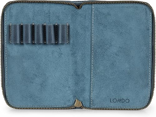 Miniatura 5 de Londo Padfolio de cuero genuino con portalápices, bloc de notas y cierre de cremallera (azul)