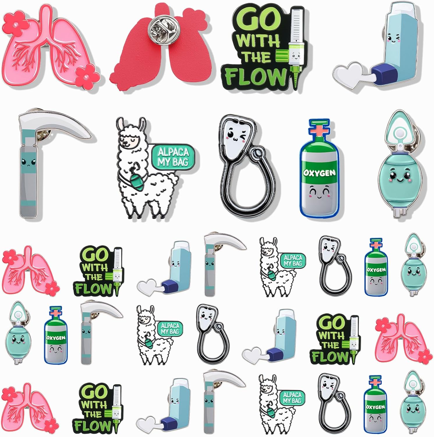 Cunno 32 Pcs Respiratory Therapist Pins for Doctor Day Gifts Accessories Appreciation Brooch Gifts Enamel Lung Pin Lung Bvm Pft Bulk Funny Medical Jewelry Decor for Spring Allergies World Sleep Day