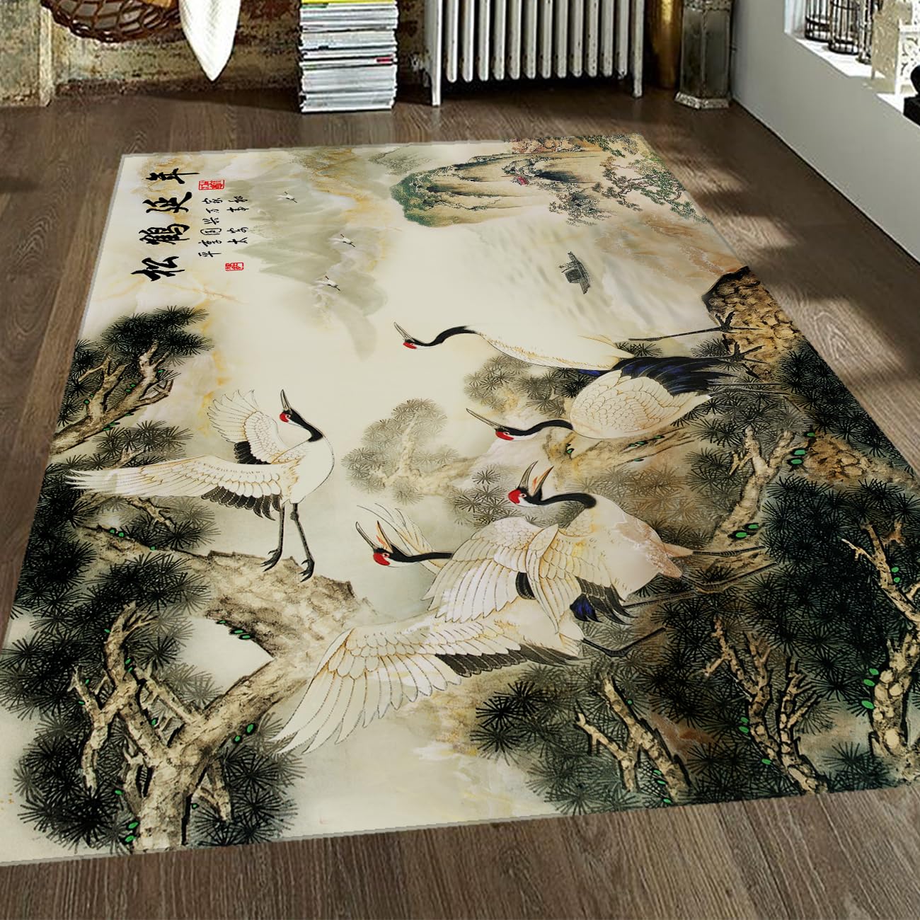 Tapis de chambre et salon ambiance zen aquarelle paysage et grues asiatiques