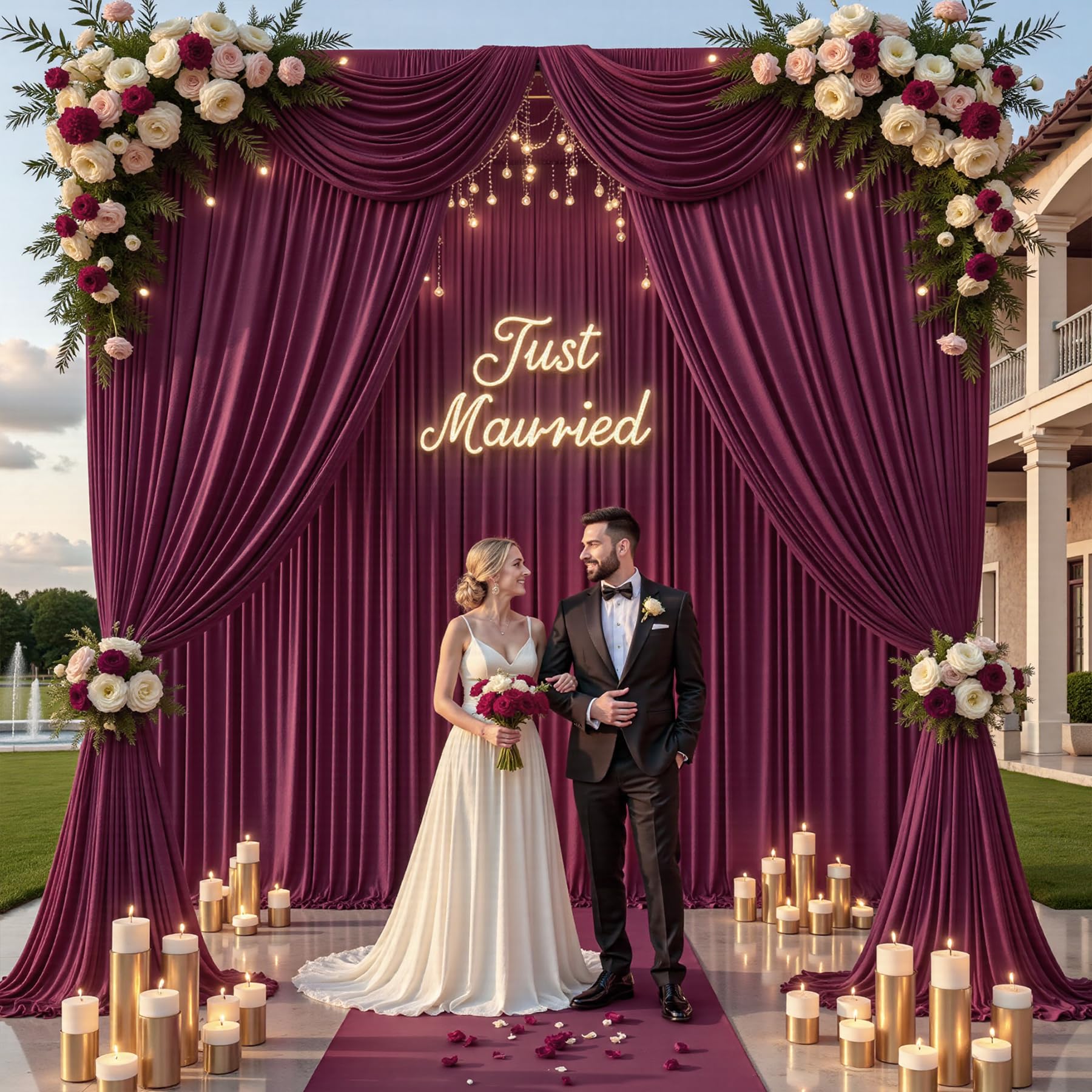 Photo 1 of 10ft×15ft Burgundy Backdrop Curtain for Wedding Parties, 2 Panels Wrinkle Free 15 FT Long Polyester Photo Backdrop Drapes Back Drop Cloth for Birthday Photography Background