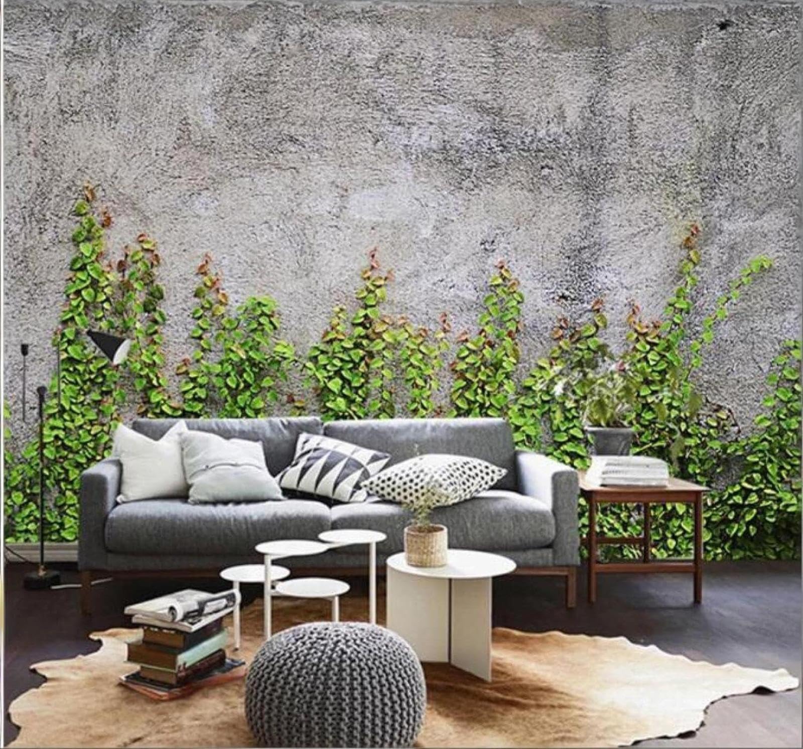 Xlming 400Cm×280Cm(B×H) Creative Green Leaves Vines Grey Concrete Wall 3D Wallpaper Luxury Home Dining Decor Paste Sofa Living Room The Wall For Bedroom Mural-400Cm×280Cm