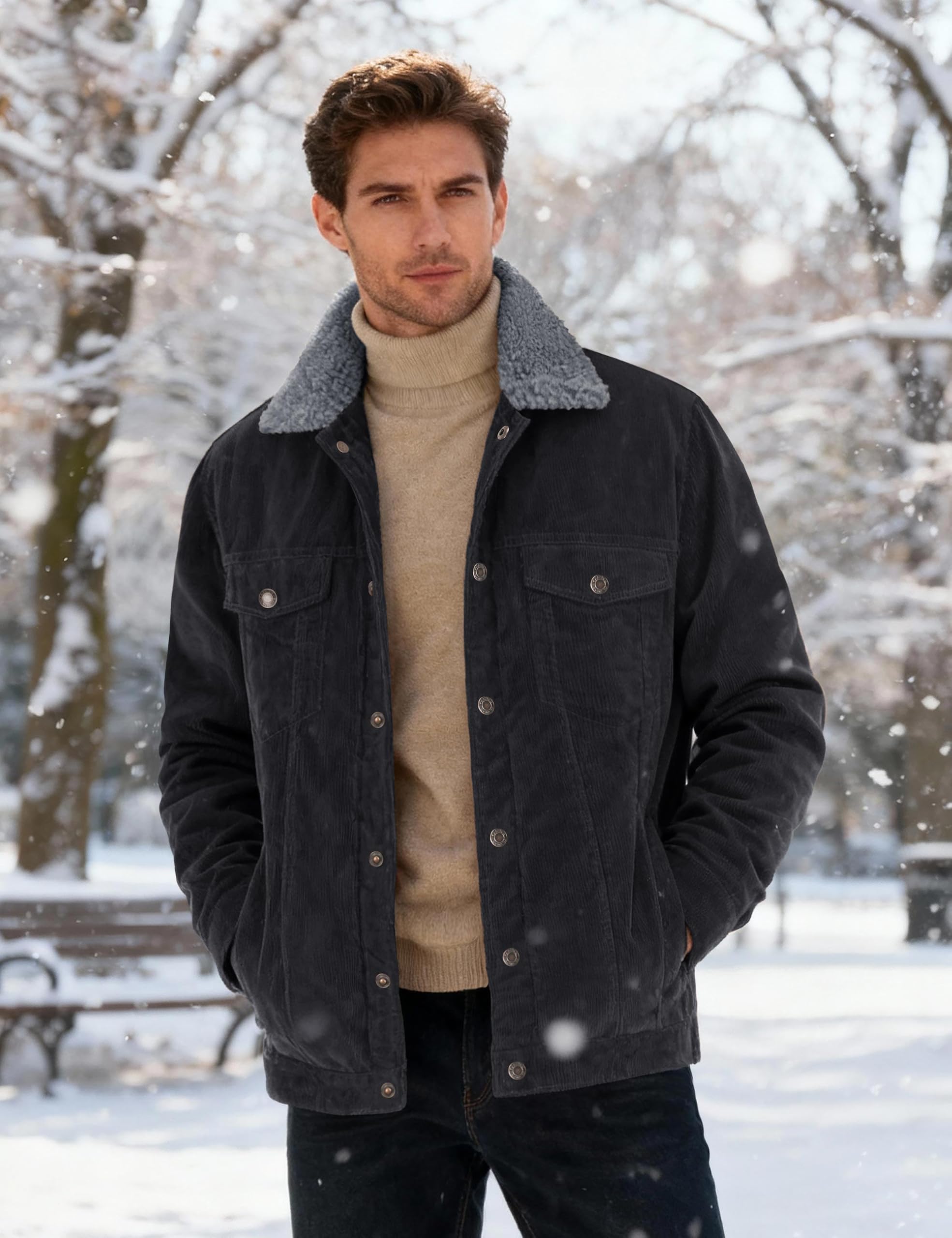 MAGNIVIT Men's Corduroy Fleece Cargo Jacket Winter Snap Button Lapel Sherpa Lined Trucker Cowboy Coat with 5 Pockets