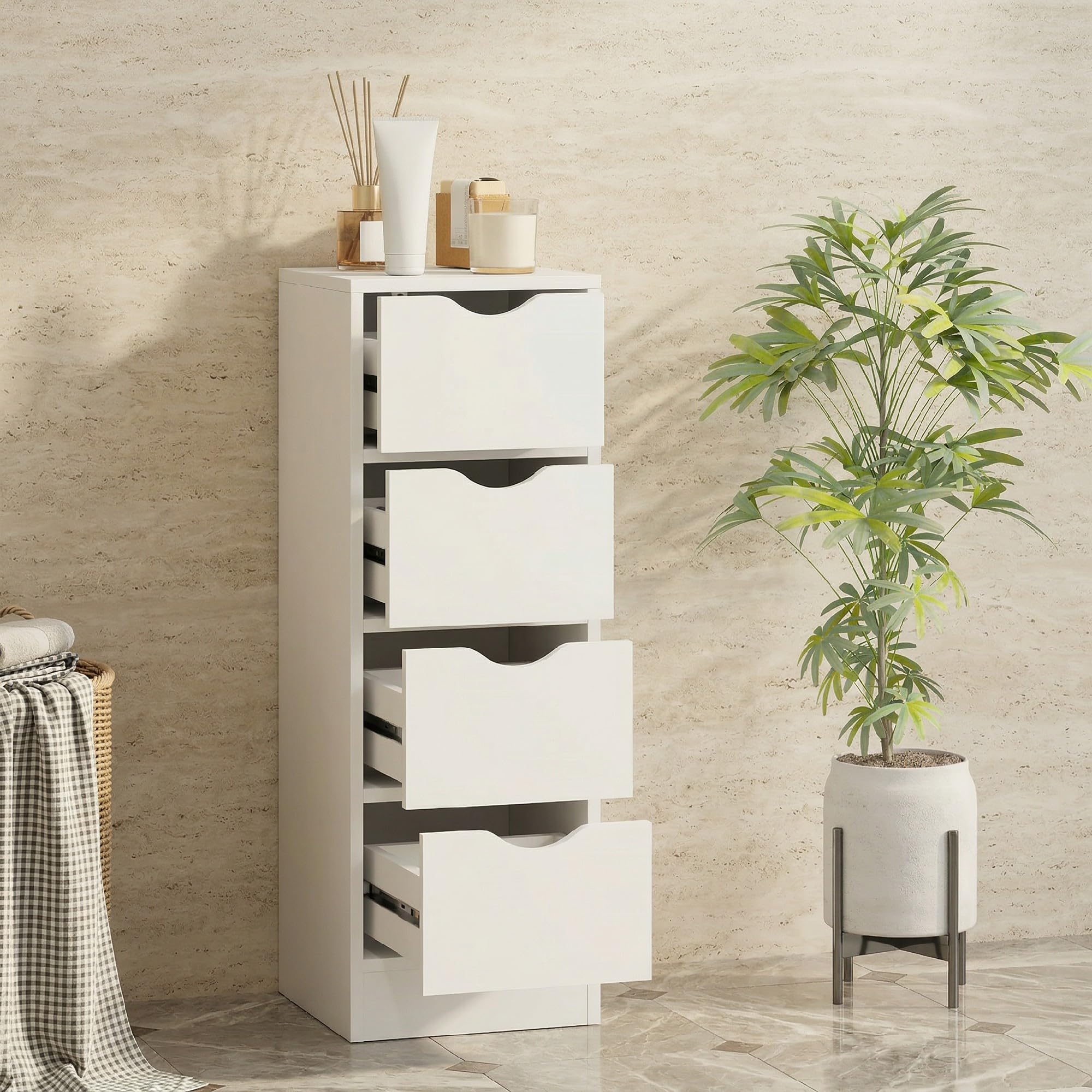 HOMCOM Meuble de Salle de Bain Meuble de Rangement 29 x 29 x 83 cm Blanc | 4 Tiroirs, Poignées Encastrées, Armoire Salle de Bain, Chambre, Salon, Idéal pour Petits Espaces