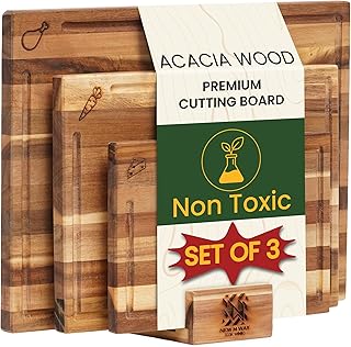 Acacia Wood Cutting Board Set of 3 with Stand, Thick Butcher Block Boards w/Deep Juice Grooves for Meat Prep & Serving, Premium Solid Hardwood, Non-Toxic, BPA-Free by New M Way