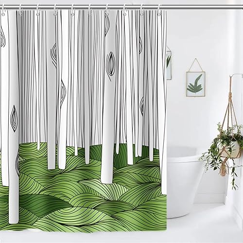 Vista 32 de Yeele Cortina de ducha de paisaje natural, árboles verdes, bosque, cortinas de baño, primavera, amanecer, selva, paisaje, impermeable, decoración