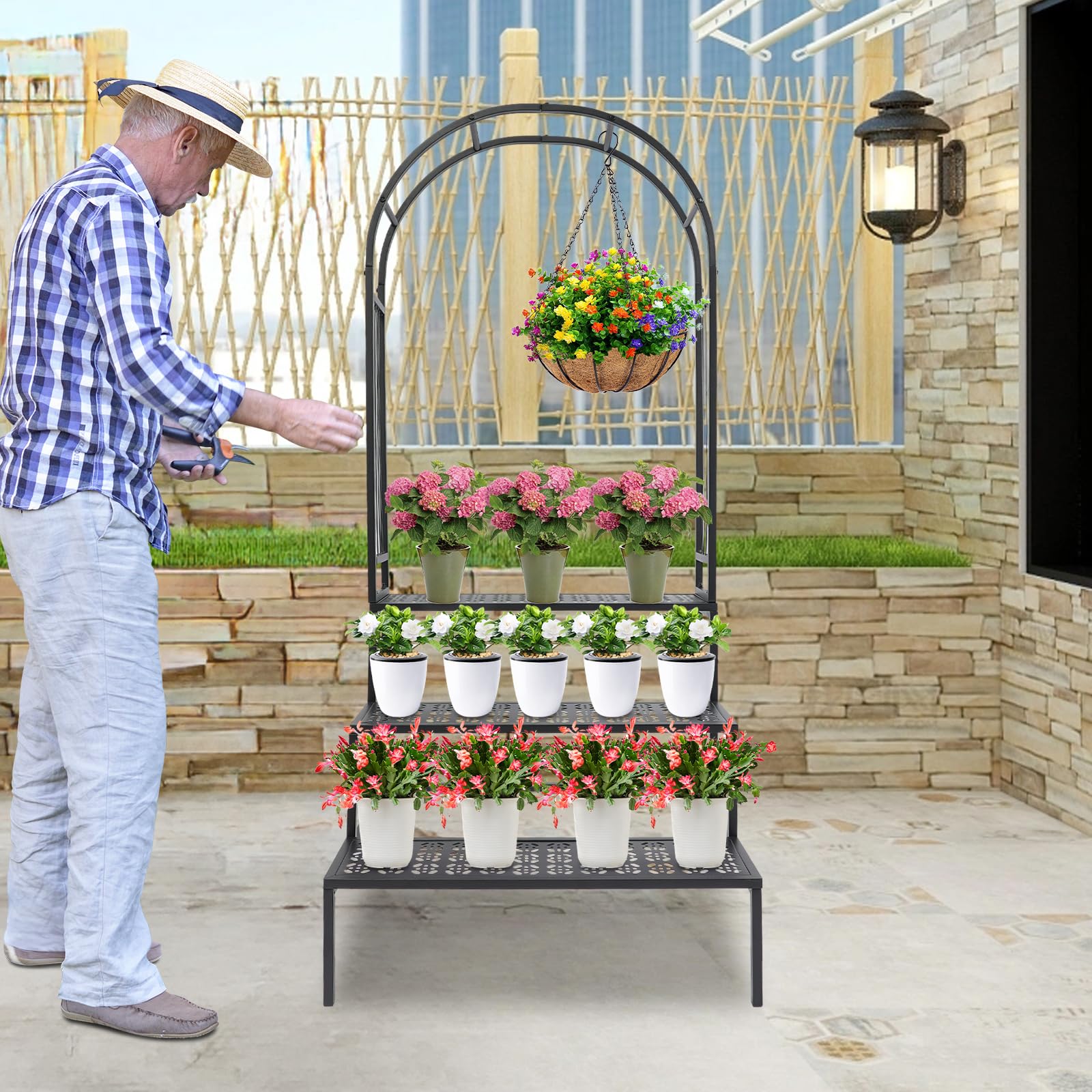 Blumenregal 3 Etagen Pflanzenregal mit Rankbogen Metall Blumenständer 165cm großes Pflanzenständer Pflanzgefäßhalter Pflanzentreppe für Indoor Outdoor Balkon Garten