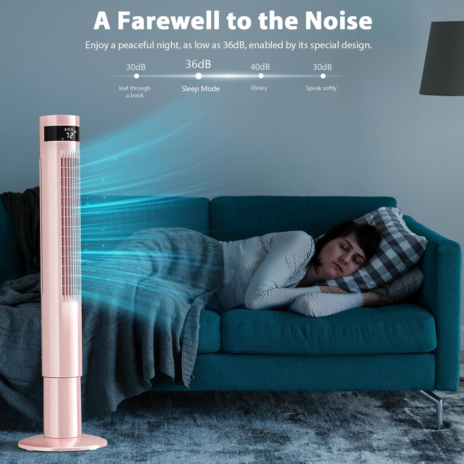 Antarctic Star 43 inch Tower Fan Portable Electric Oscillating Fan Quiet Remote Control Bladeless Floor Fan 3-Speed Wind Mode 12H Timer Bedroom Office Pink