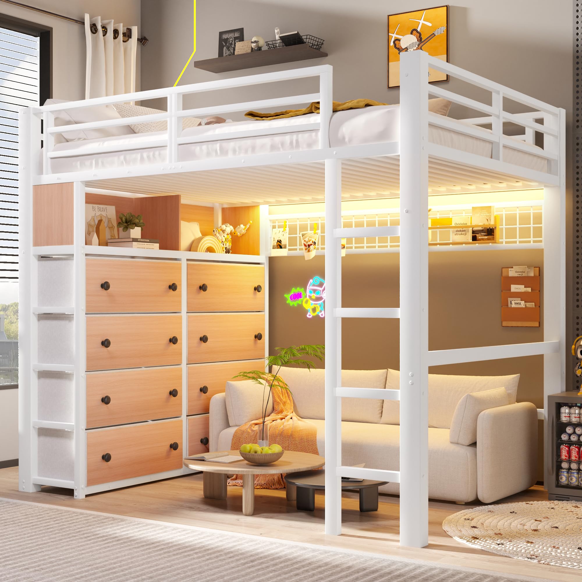 BTM Metall Hochbett 140x200 mit Modulares Schubladen Stauraum Hochbett Jugendliche mit LED, Regalen und Lochwand, Weiß