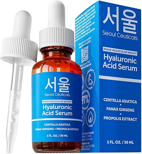 SeoulCeuticals Suero de ácido hialurónico coreano para la cara, ácido hialurónico de alto peso molecular y bajo peso molecular, suero centella +