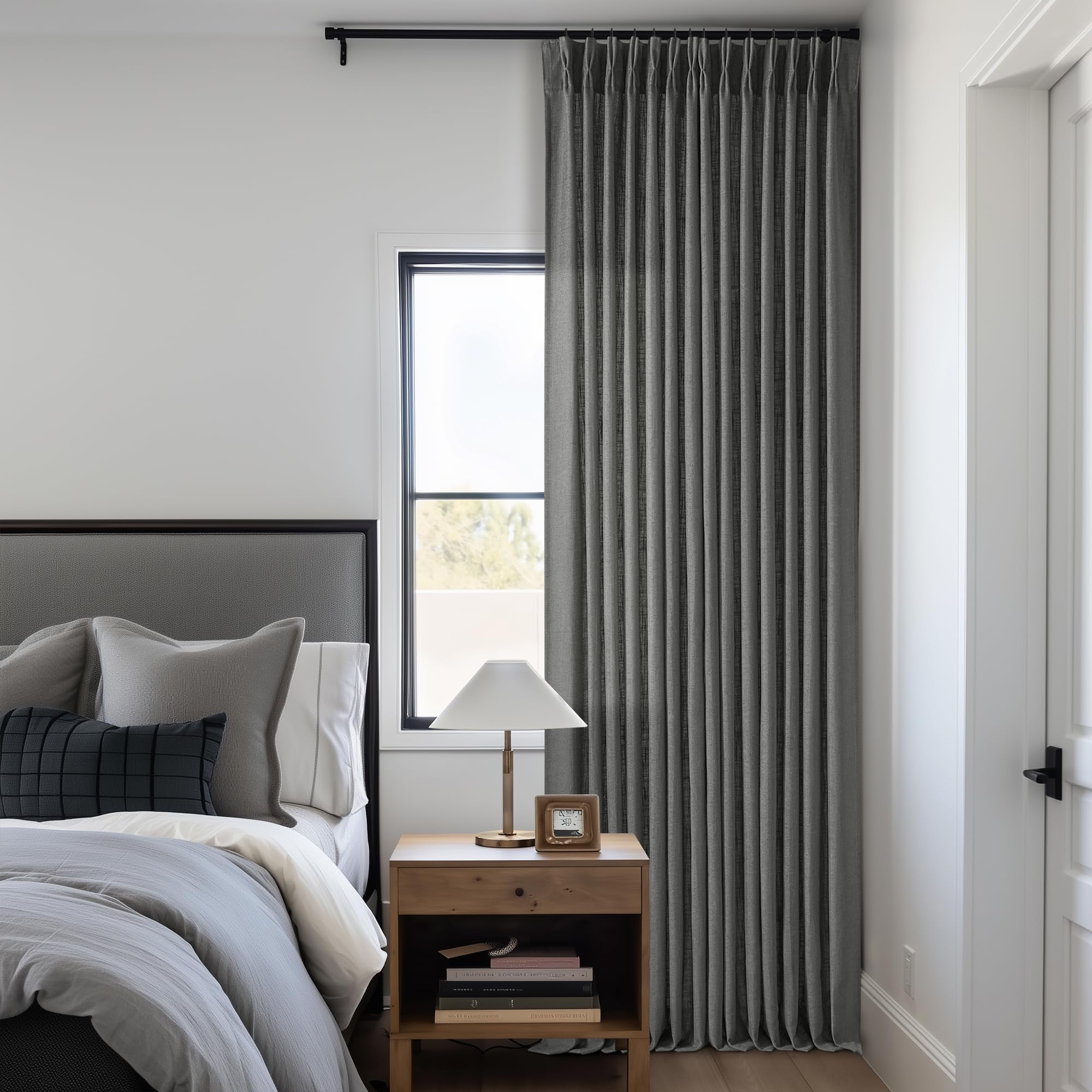 TWODRAPES Dark Gray Linen Pinch Pleated Light Filter Curtains 102 Inches Long 2 Panels