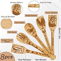Vista 4 de 8 piezas de cuchara de cocina de bambú con forma de pollo con delantal y guantes de horno, utensilio de cocina con temática de gallo para mujeres