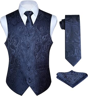 HISDERN Vest and Tie Sets for Men Vests Paisley Floral Jacquard Necktie Pocket Square 3PCS Waistcoat for Suit or Tuxedo