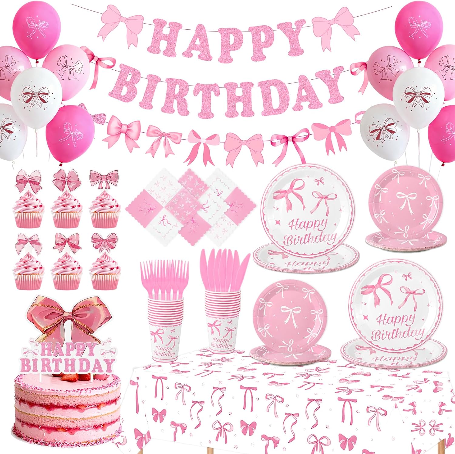 Pink Bow Birthday Party Supplies 160Pcs Coquette Birthday Decorations Include Bow Plates Balloons Banner Tablecloth Cake Topper Napkins Cups Tableware for Girls Bachelorette Decor,Serves 20