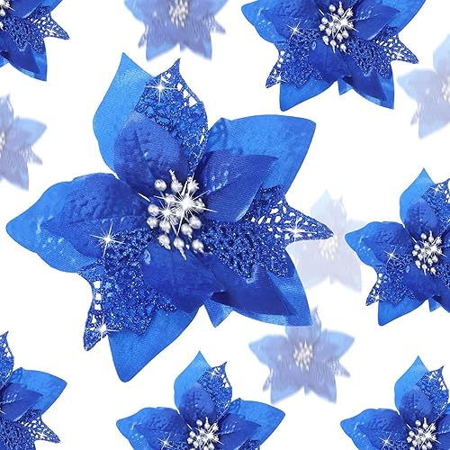 Boao 24 flores de Pascua artificiales con purpurina para Navidad, bodas, árbol de Navidad, Año Nuevo (azul rey)