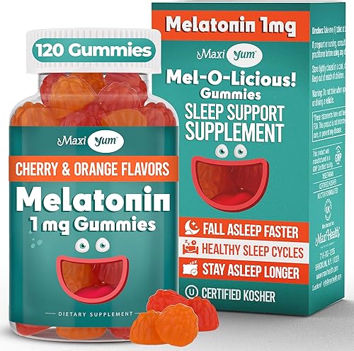 Maxi Health Gomitas de melatonina de 1 mg - Masticables de melatonina para niños con sabor natural a cereza y naranja - Suplemento de ayuda para