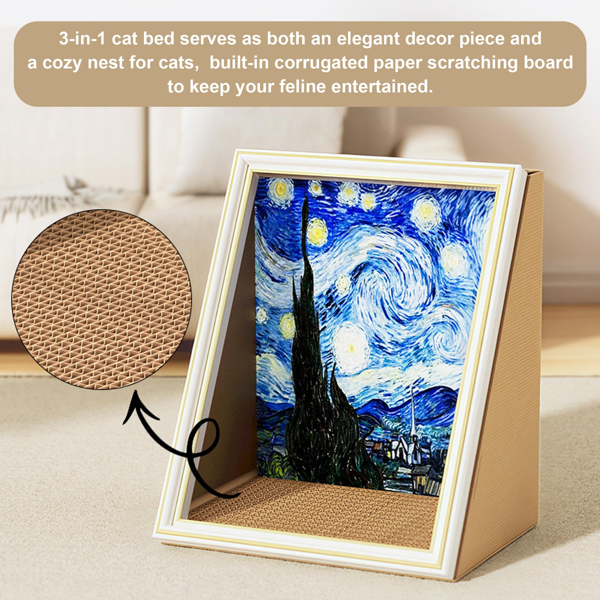 Art 3D Ölgemälde Katzennest für Künstler Kätzchen Kunst Rahmen Katzenbett mit Kratzbrett Katzenkratzpad für alle Jahreszeiten Indoor Katzenspielzeug Haus (Sternennacht, Vintage Rahmen)