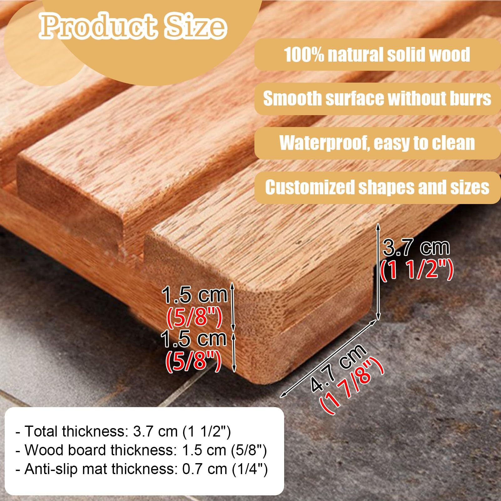 Alfombrilla de Ducha de Madera Natural Impermeable con Almohadillas Antideslizantes baño, Sauna, Piscina, jardín y Patio - 40 cm x 40 cm (15,7" x 15,7") -