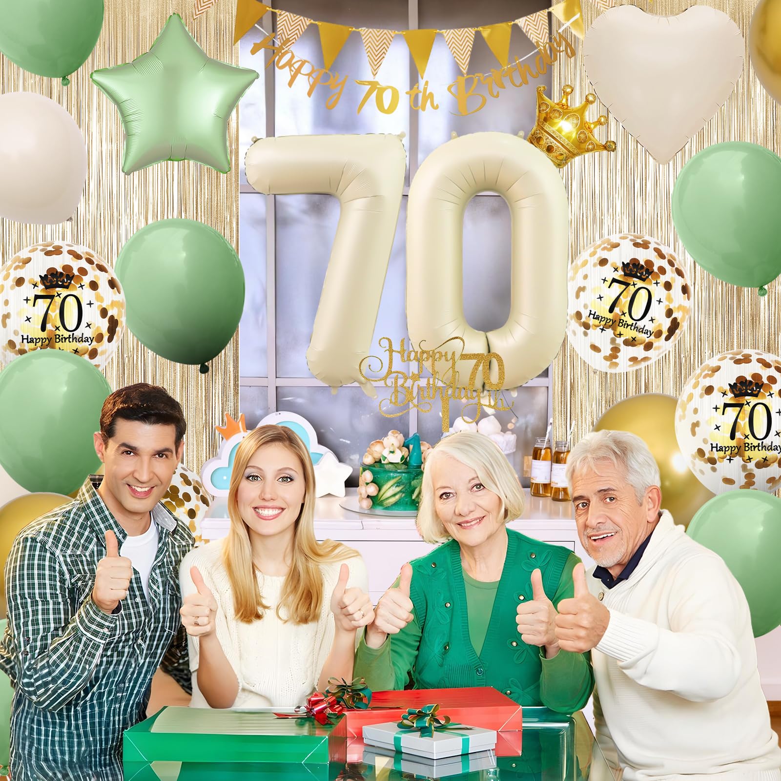 Dekoracje na 70. urodziny dla kobiet mężczyzn, szałwia, zielony, złoty, dekoracje na 70. urodziny, balony urodzinowe, baner urodzinowy, ozdoba na tort, zasłona z frędzlami dla 70 lat, dekoracja na