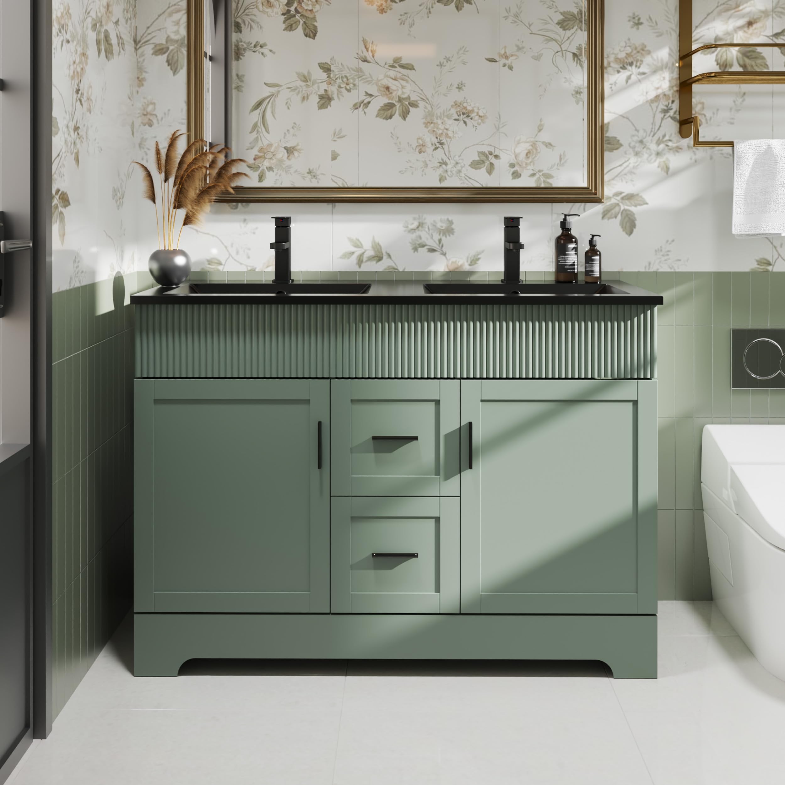 eclife 48" Bathroom Vanities Sink Combo with Painted Surface, Modern Drawered Cabinet W/Decorative Wave Lines, Undermount Double Black Sink, Matte Black Faucet Drain, Gray Green