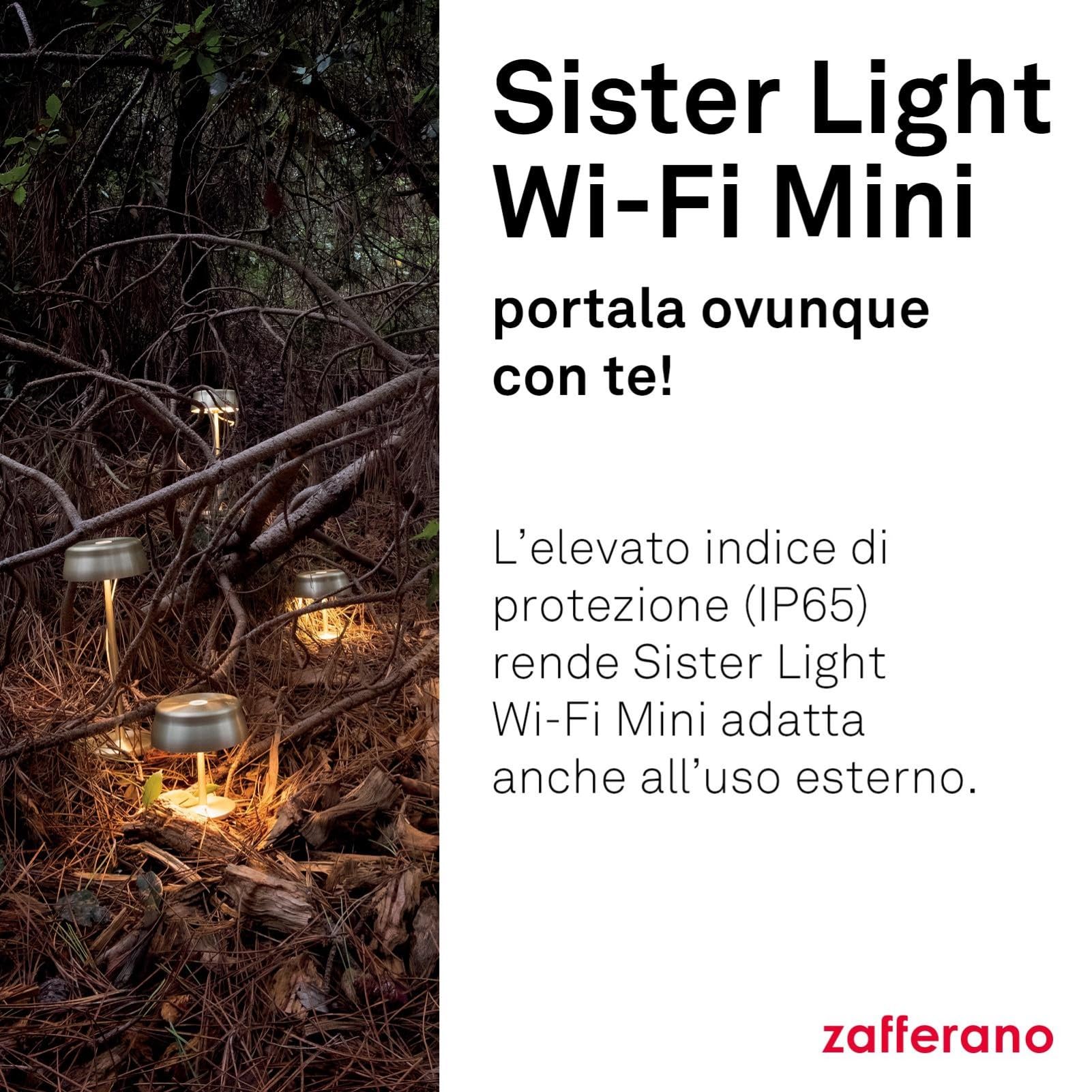Zafferano, Lampada Sister Light Wi-Fi Mini, Lampada da Tavolo Ricaricabile e Senza Fili con Controllo da Remoto, per Salotto ed Esterni, Dimmer a Step, 2200-4000 K, Altezza 17 cm, Colore Verde