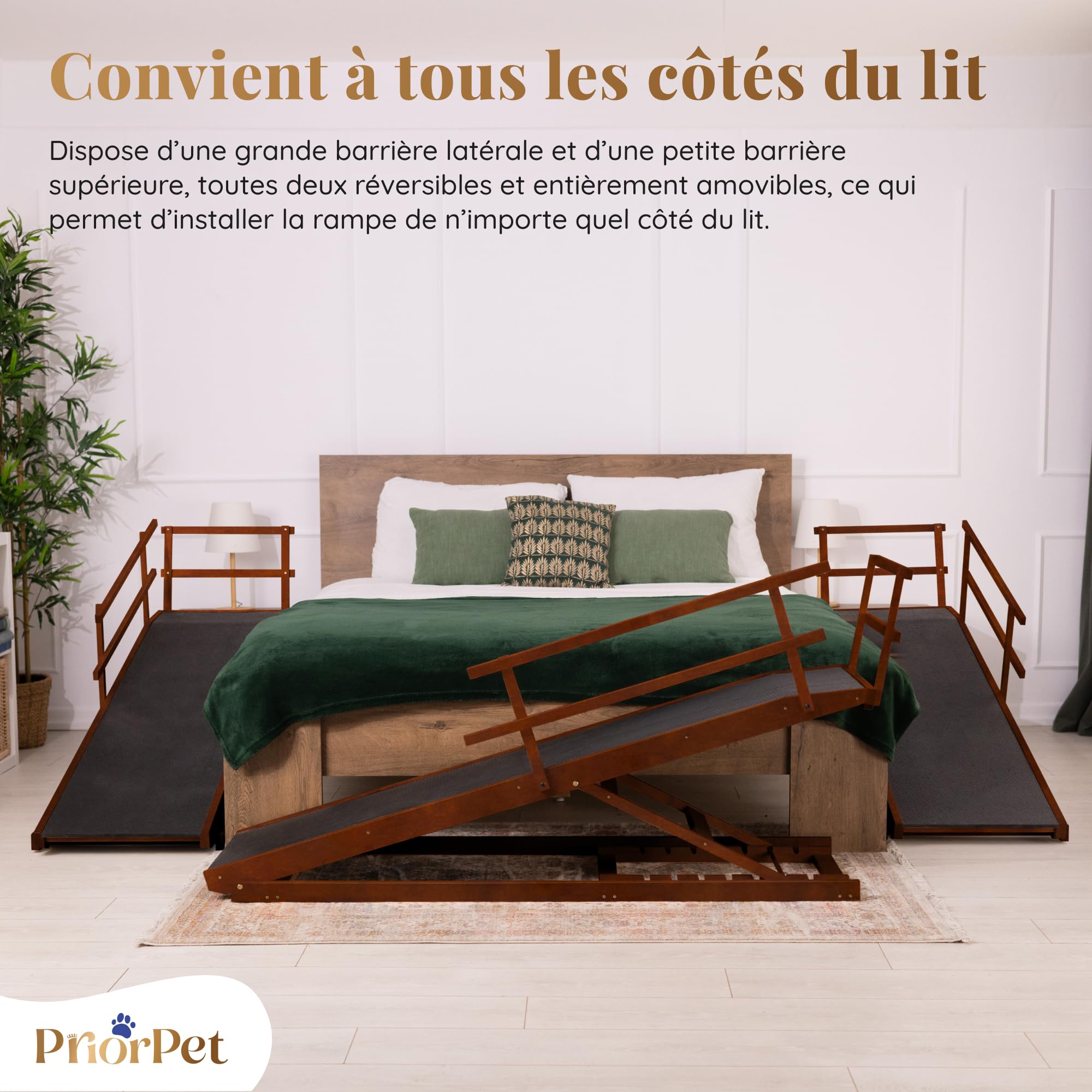 Rampe pour Chien Grande Taille pour Lit avec Barrières de Sécurité – pour Lit Haut jusqu'à 94,5 cm – Capacité jusqu'à 90 kg – Rampe de lit pour Chien Pliable, Antidérapante – Bois de Bouleau – Noix