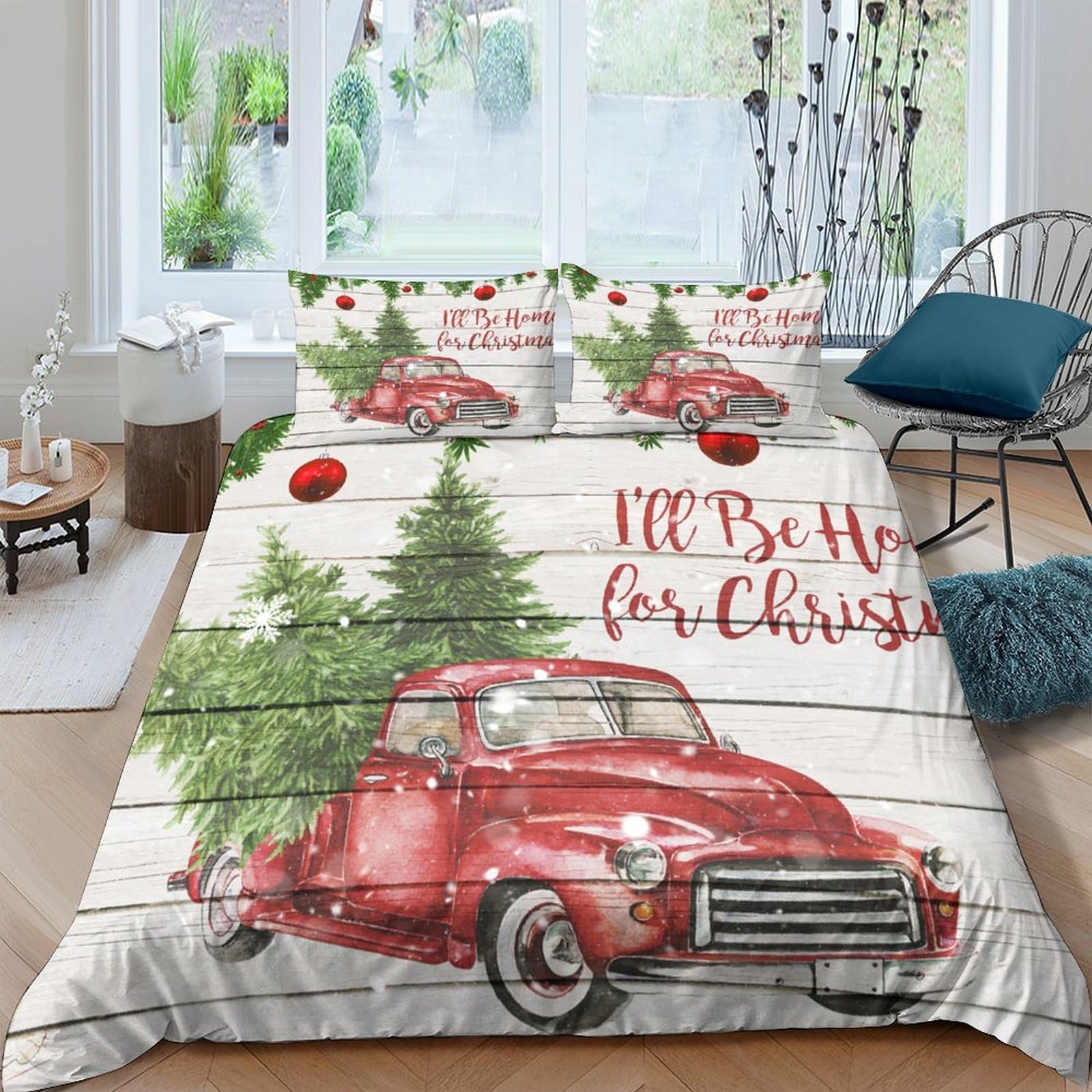 Ctjqhvkz Style-10 3D Printed Red Vintage Truck Fitted Sheet Microfiber Christmas Tree Bed Cover For Bedroom Guest Room Decor Dustproof Single（135X200cm）