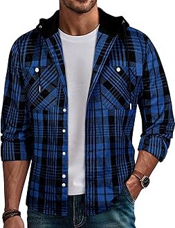 PJ PAUL JONES Mens Hooded Flannel Shirt Long Sleeve Plaid Shirts Hoodie Jackets