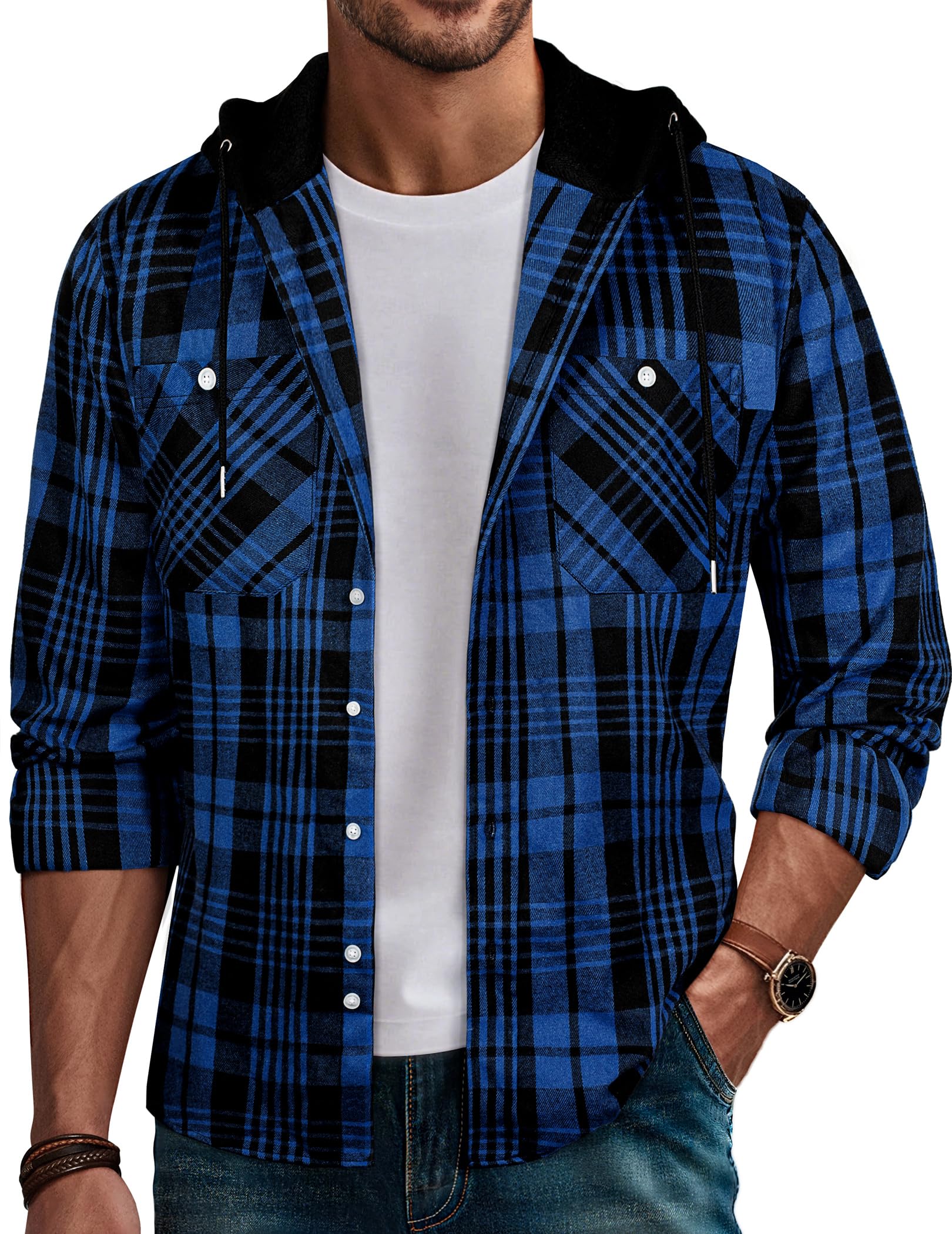 PJ PAUL JONES Men's Flannel Shirt Plaid Hoodie Casual Shirt Long Sleeve Lightweight Shirt Jackets