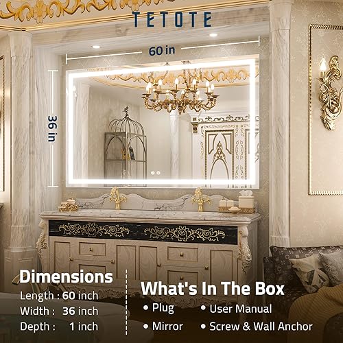 Miniatura 6 de TETOTE Espejo LED de baño con luces de 60 x 36 pulgadas, espejo iluminado para tocador, antiempañamiento, blancocálidonatural, regulable, CRI90,