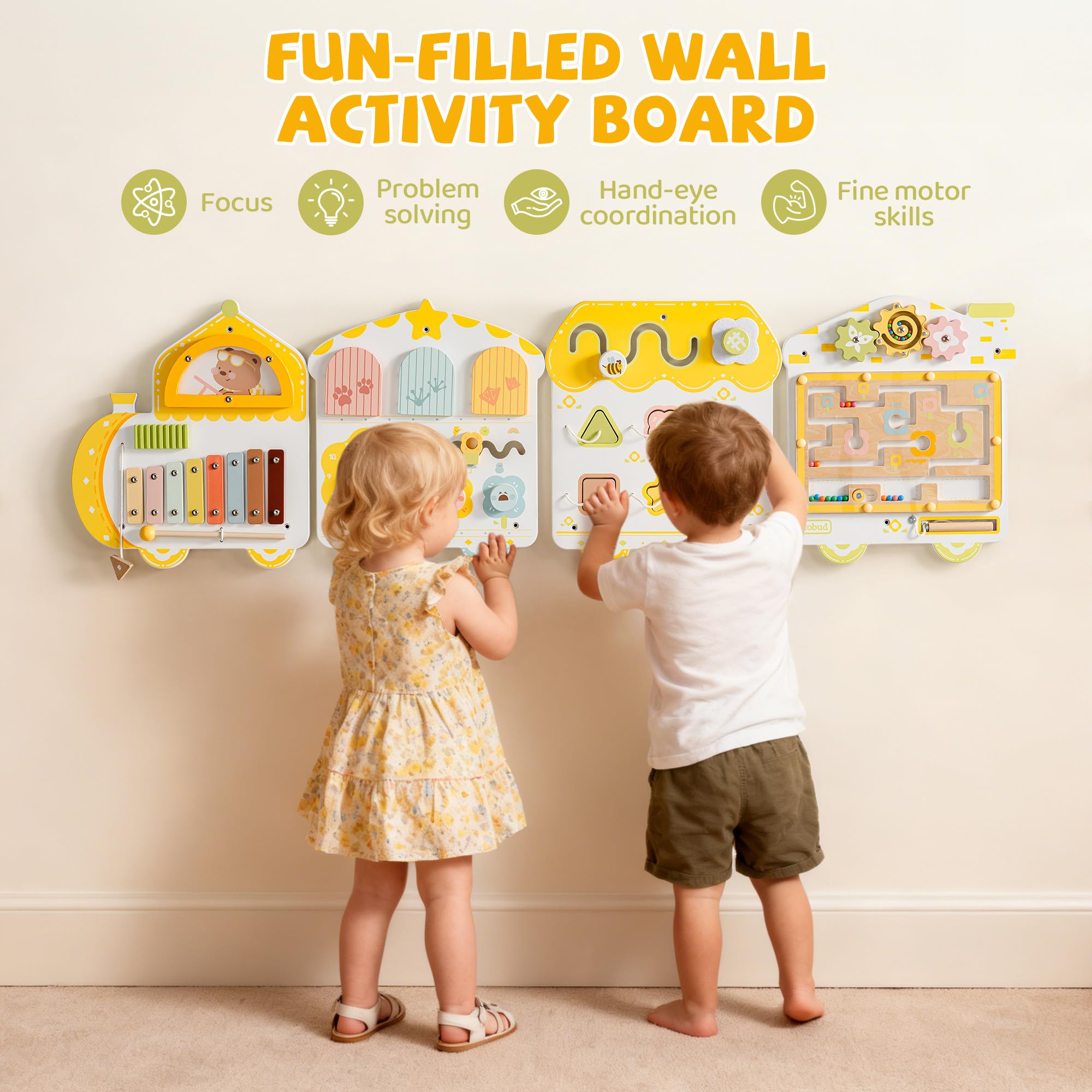 ROBUD Montessori Busy Board à partir de 18 Mois – Tableau d'activités Mural 12 en 1 en Bois avec Xylophone, Tambour, Tableau météo, Horloge, Formes, Engrenages et Labyrinthe magnétique