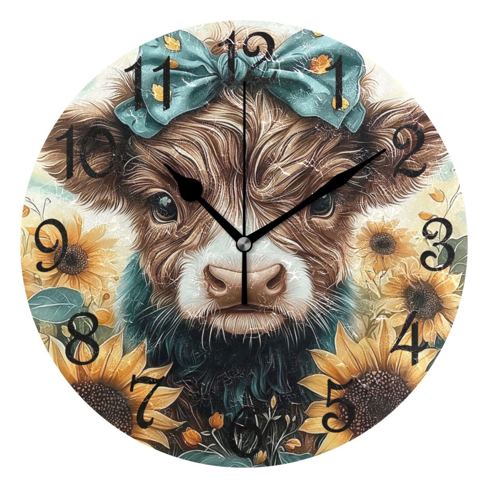 Horloge Murale Silencieuse avec Chiffres Grands, Pendule Vache Tournesol de 25cm pour Bureau