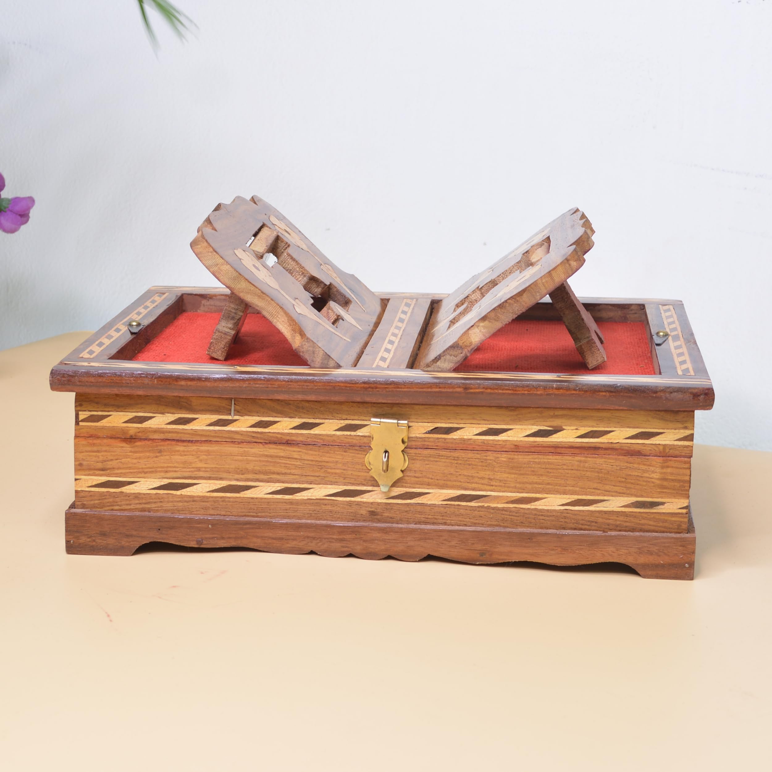 santarms Wooden Handicrafts Holy Quran Sharif Book Box With Rehal Stand – Keeping Islamic Rihal Reading Books Material, Standard Size, Strong Built Quality, Shiny Gloss, Rosewood, PACK Of 1 1