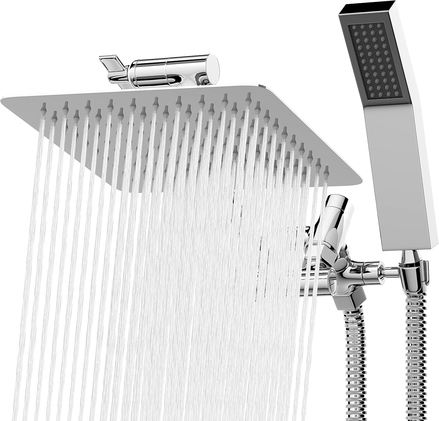 All Metal Shower Head 8" Dual Square Shower Head With Handheld Wand 71in Hose Set, High Pressure Rain Shower Heads Combo, 3-Way Diverter Rainfall Showerhead with Adjustable Extension Arm 8 Inches, 1.8 GPM Deluxe Chrome