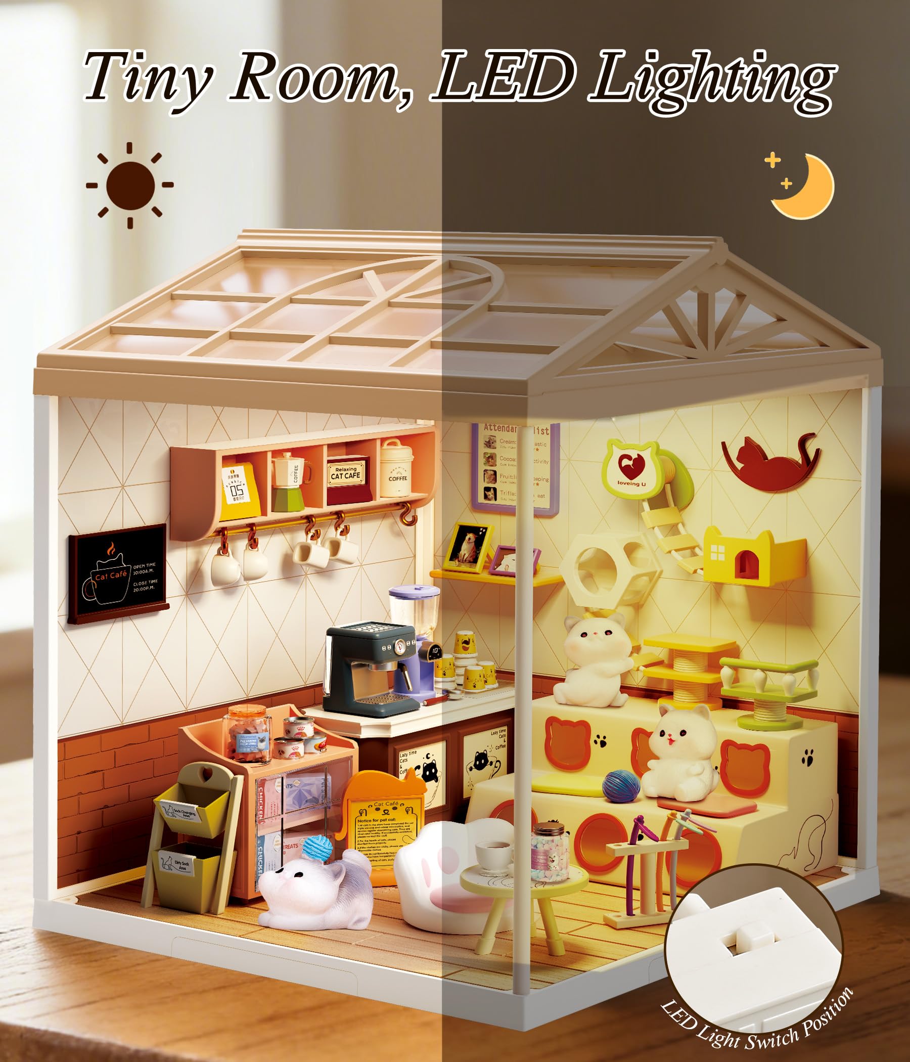 Lindo kit de casa en miniatura para gatos con techo y luz LED, kit de casa de muñecas apilable y conectable con puerta a prueba de polvo, regalo creativo para adultos y adolescentes
