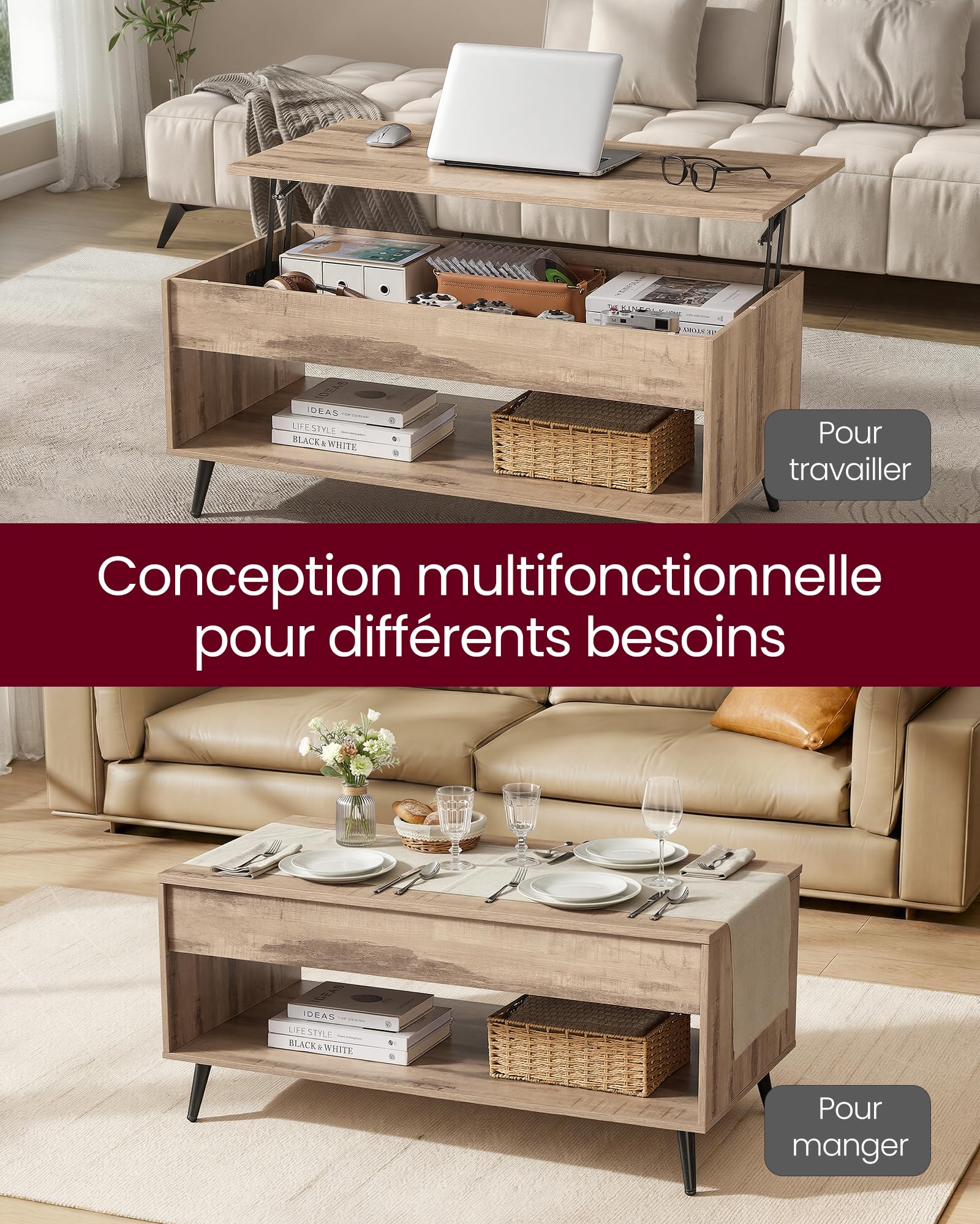 VASAGLE Table Basse, Table Basse Relevable, Vérin à Gaz, Compartiment sous Le Plateau, Compartiment Ouvert, pour Salon, Bureau, Salle à Manger, Marron Camel et Noir d'encre LCT267LB01