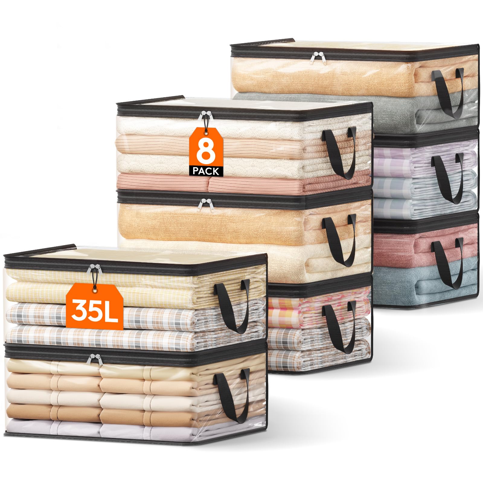Lifewit 8 Pack Clear Clothes Storage Bags, 35L Plastic Vinyl Foldable Moving Bags with Zipper and Reinforced Handles, Closet Organizers and Storage Containers for Blanket, Sweaters, Coats, T-shirts