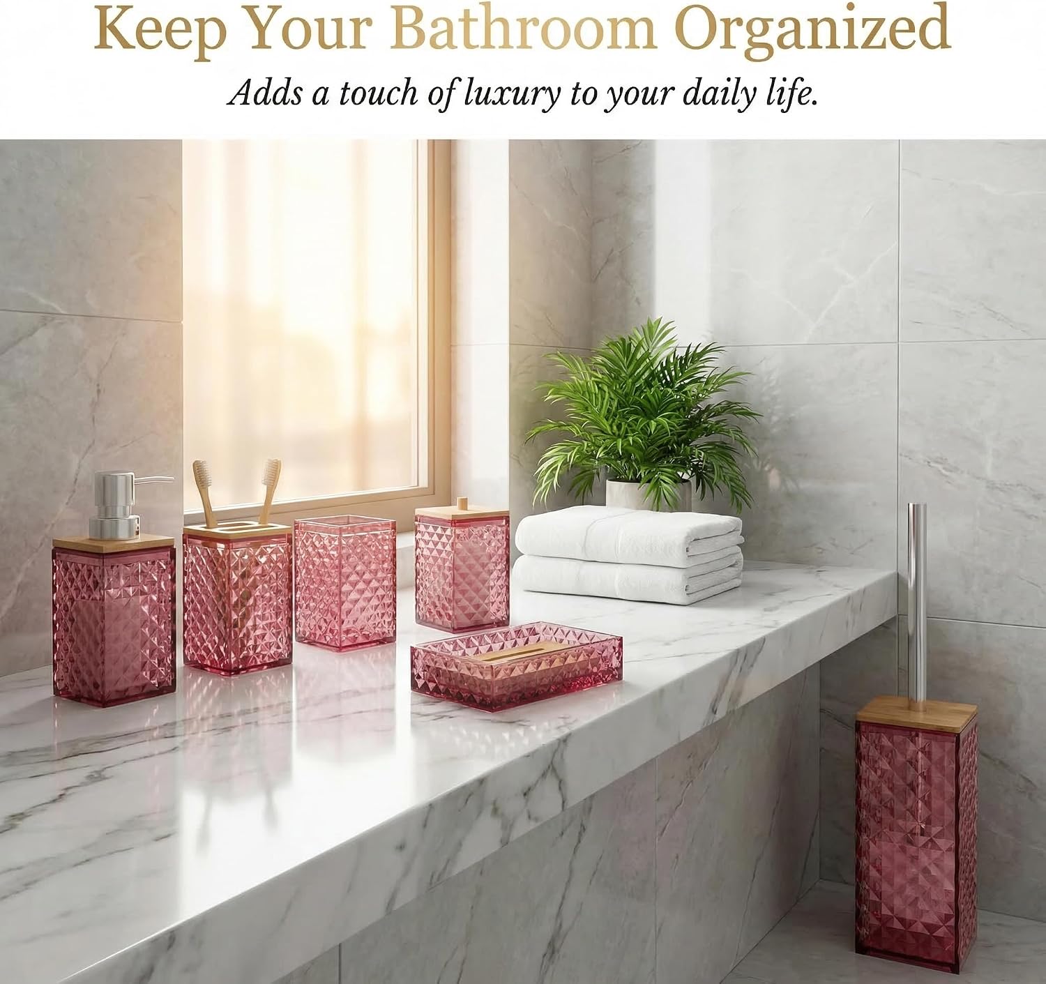 Red Bathroom Accessory Set, 6 PCS Red Bathroom Accessories Set,Soap Dispenser, Toothbrush Holder, Soap Dish, Mouthwash Cup, Cotton Swab Holder and Toilet Brush, Acrylic