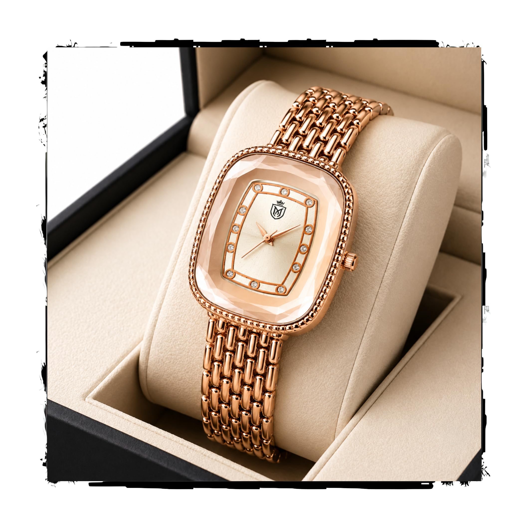 MOOVER Women Analog Watch with Brown Square Dial, Crystal Studded Bezel, Premium Metal Strap Stylish Fashion Wrist Watch for Girls & Women