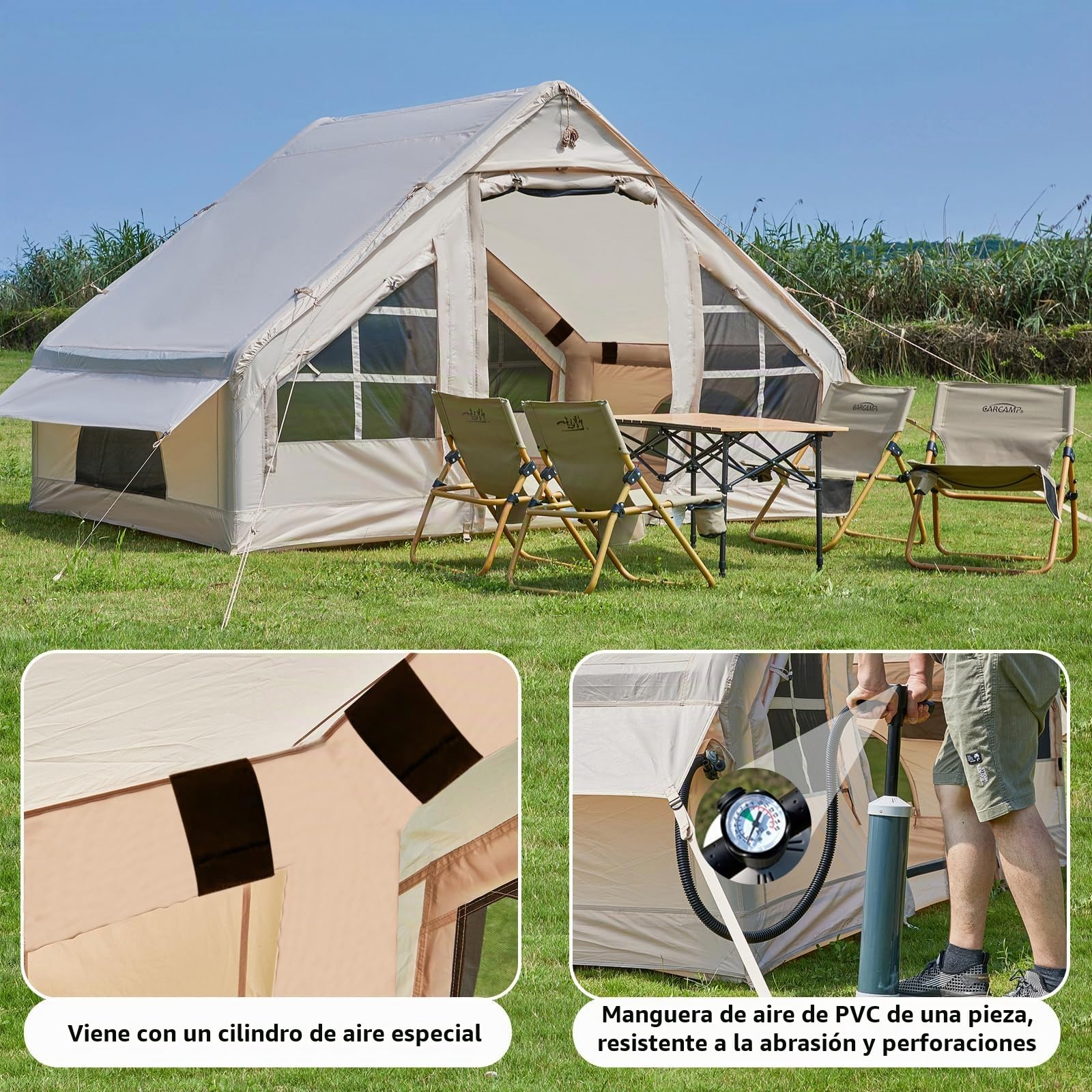 Carpas inflables para acampar con gato de estufa, 2/4/6/8 personas, fácil instalación, tiendas de campaña inflables para 4 estaciones, tienda de campaña inflable impermeable con toldo, tiendas de