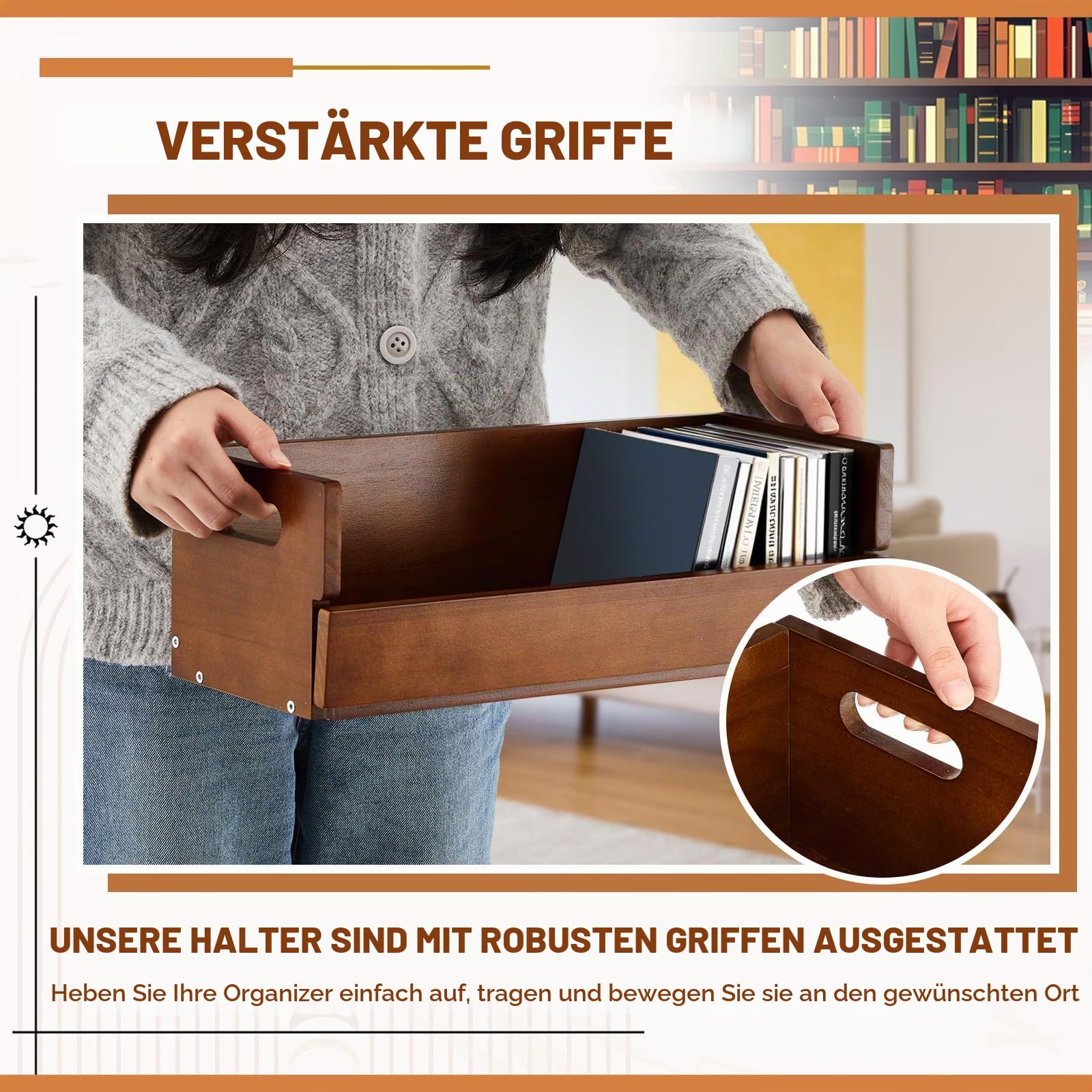 CroBlissful DVD- und CD-Aufbewahrungsbox aus Holz, Kassettenständer mit Tragegriff, Organizer-Regal für Filmhüllen, jede kann bis zu 36 CDs und 26 DVDs aufbewahren (braun)