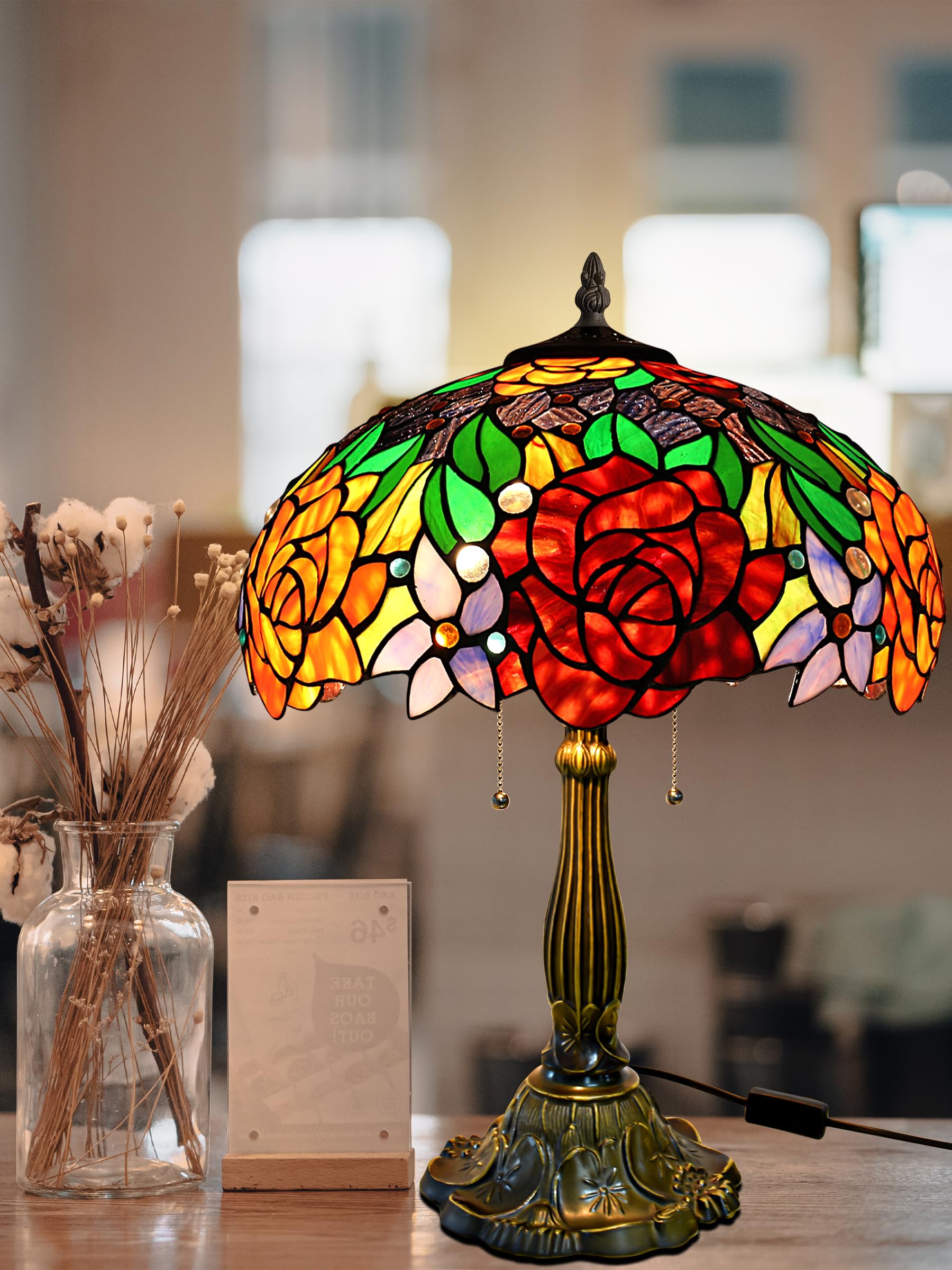 KY&BOSAM Tiffany Style Table lamp Stained Glass Table Lamps Art Style Desk Lamp 24 Inch Tall Glass 16 Inch Wide Shade Beside 2 Bulb Antique Zinc Base for Home Living Room Bedroom Kitchen Family Decor