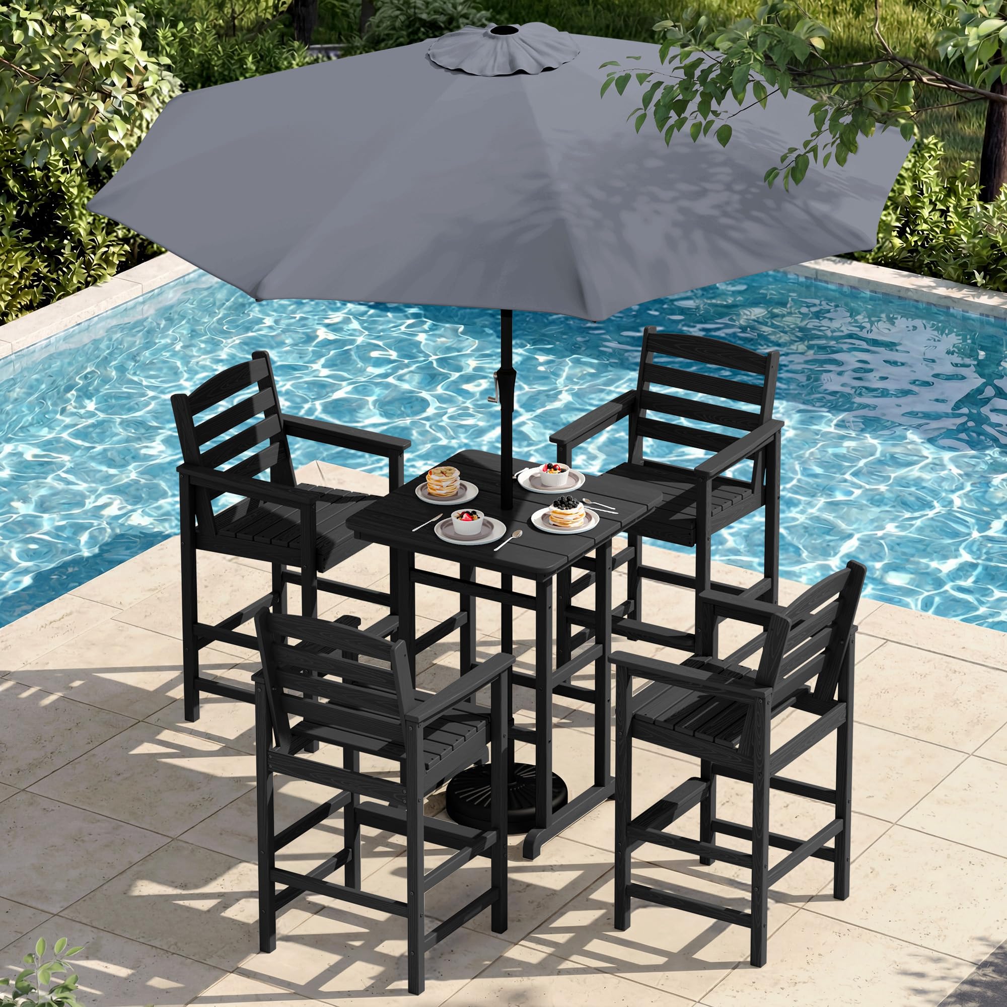 SERWALL 6 Pcs HDPE Bar Height Chairs and Bar Table &amp; Umbrella Set, Black