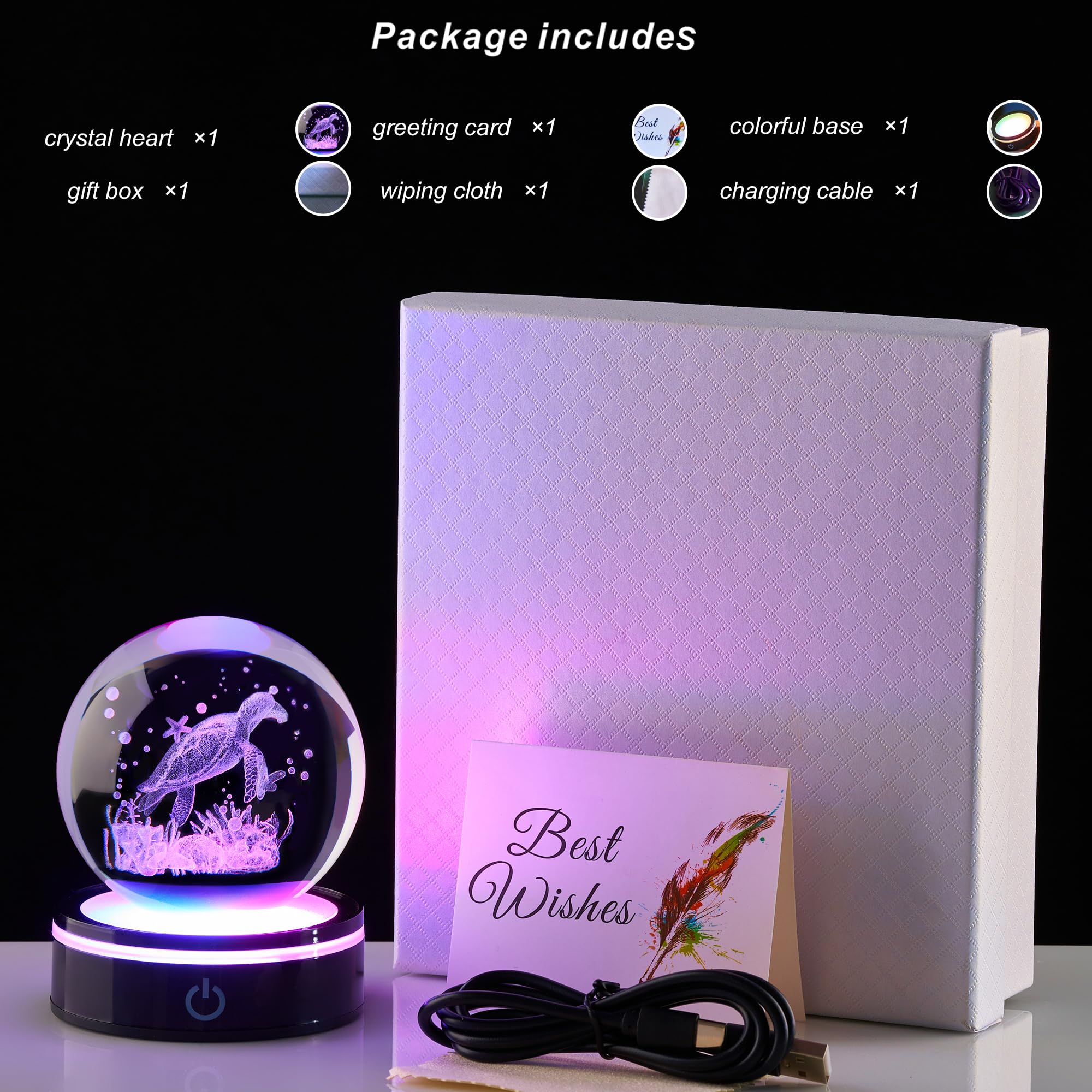 3D Sea Turtle Crystal Ball Figurine with LED Base Laser Ocean Figurines Lover​​ Gifts for Women Men on Christmas Birthday Decorative Ball Sea Turtle Glass Globe Night Light for Room Decorations Crafts