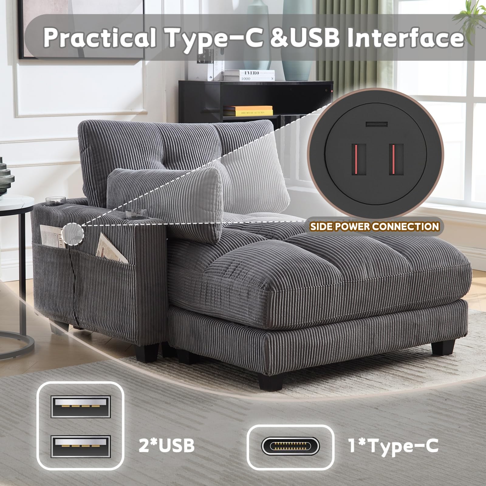 Sofá cama de pana, sillón cama de 1 plaza con USB, 2 portavasos, bolsillo lateral y cojines, reposabrazos ajustables, para espacio pequeño, 140 x 112 x 81 cm (gris)